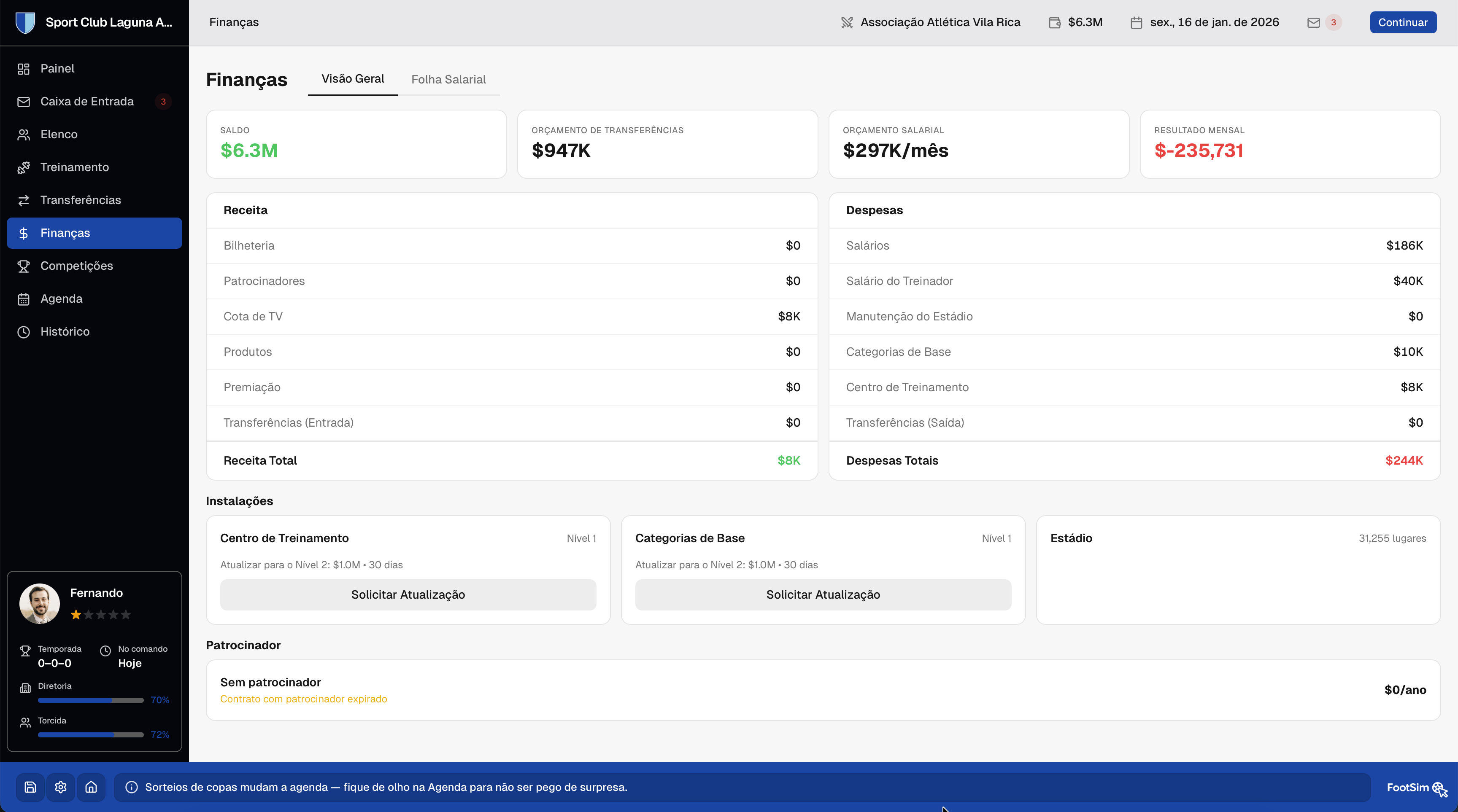Finanças do clube com saldo, receitas, despesas e evolução do caixa.