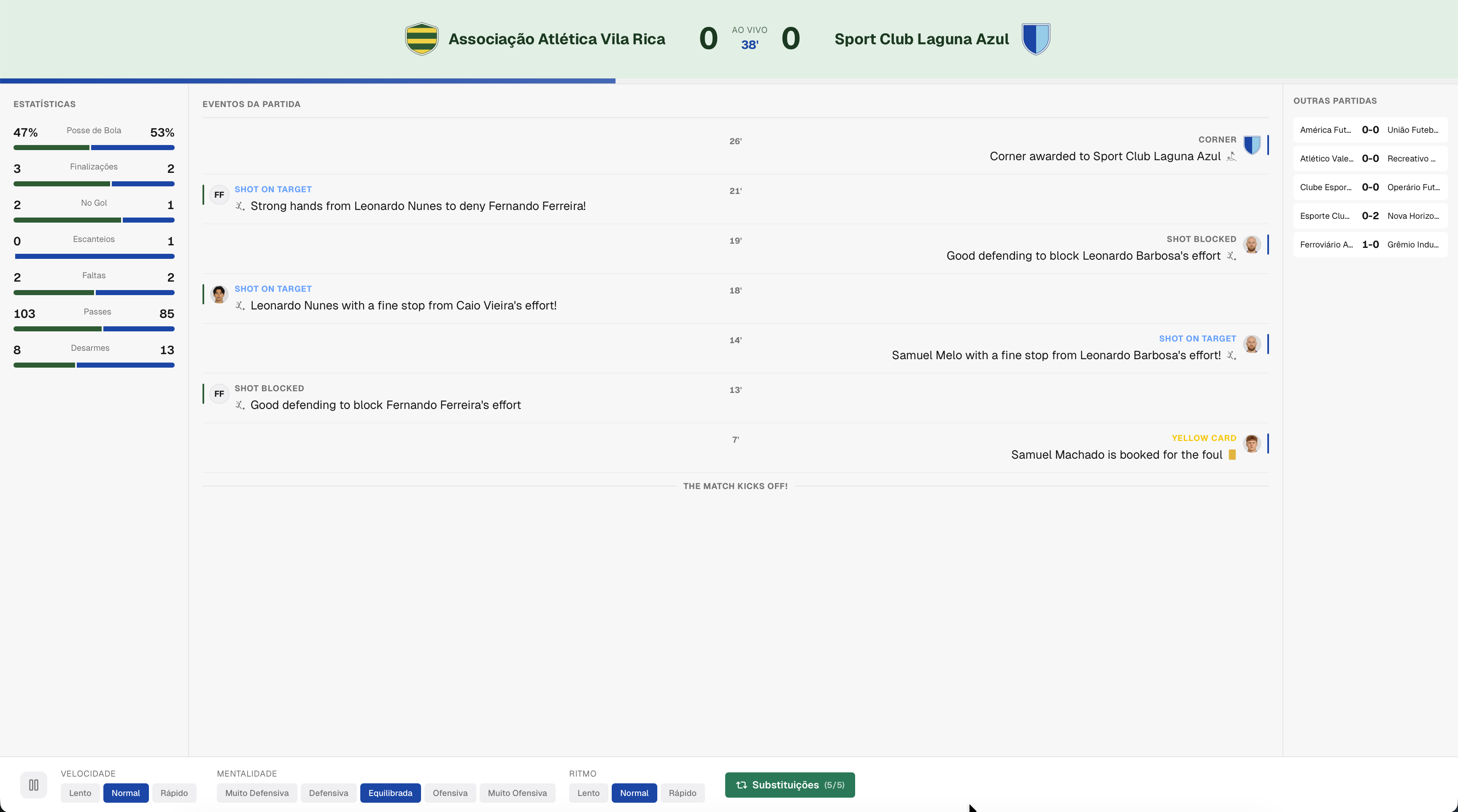 Partida ao vivo com placar, estatísticas em tempo real e feed de eventos.